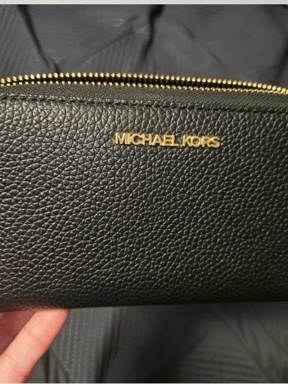 Michael Kors Black Pebbled Leather Zip Wallet with Gold Logo